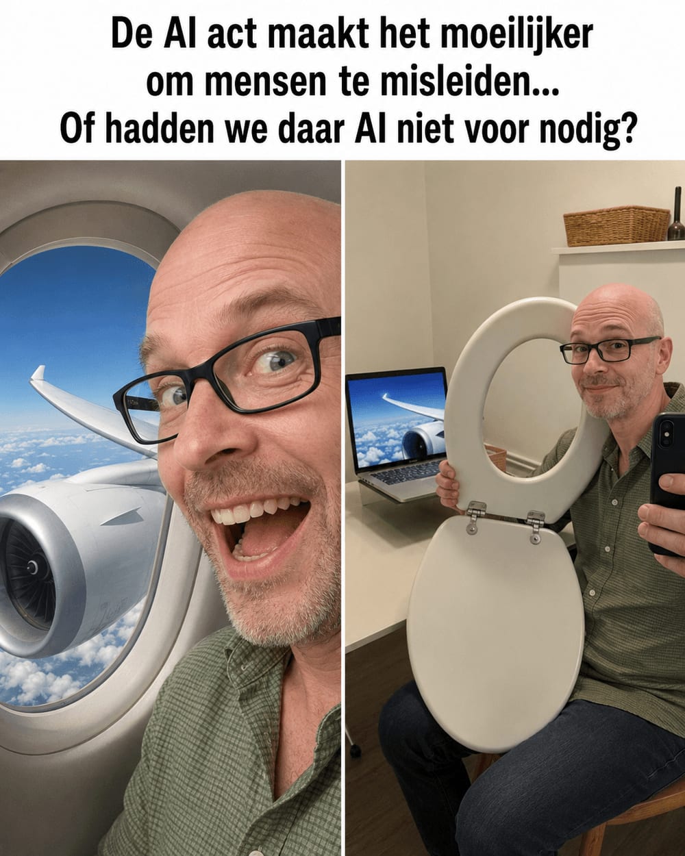 Twee beelden naast elkaar. Links een selfie van een man die door een vliegtuigraam lijkt te kijken. Rechts dezelfde opstelling van opzij: hij houdt een wc-bril voor een laptopscherm met een foto van een vliegtuigvleugel.